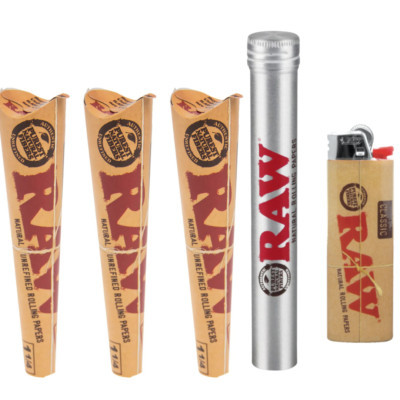 RAW 1 1/4 Pre-Rolled Cones 18ct + Smell-Proof Tube + RAW BIC Lighter Bundle