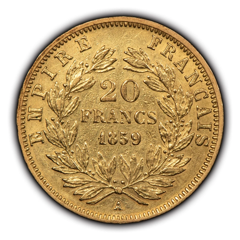 Золотая монета Франции 20 франков 1859-A - KM781.1 - 0.1867 AGW - SKU-G1801 - Изображение 3 из 4