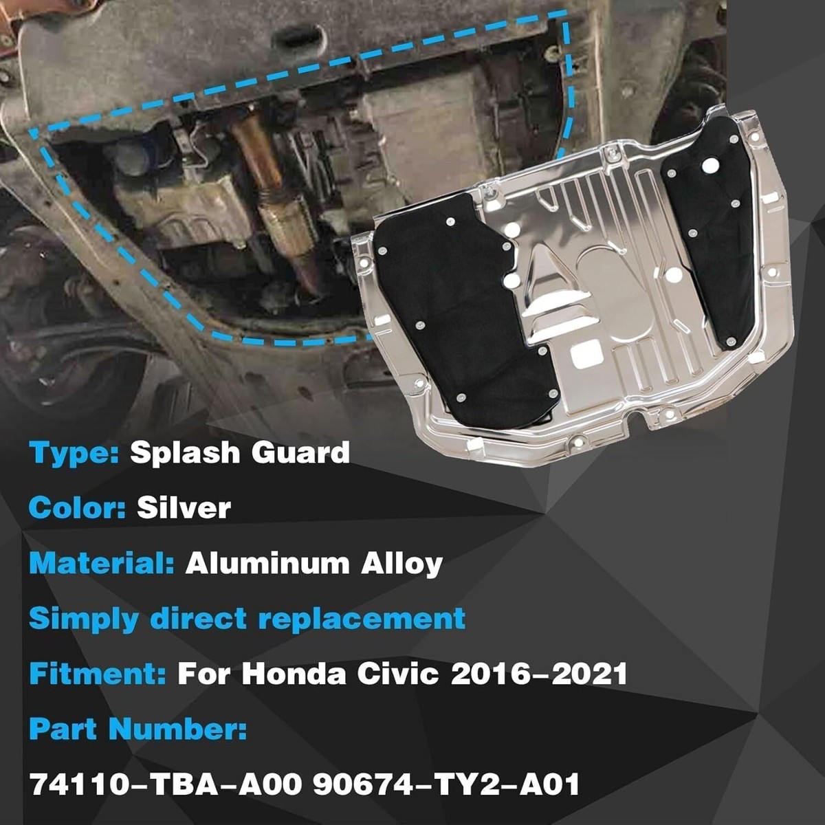 Alikali Engine Splash Guard Under Car Shield Cover Board Compatible for 2016-2021 Honda Civic 74110-tba-a00