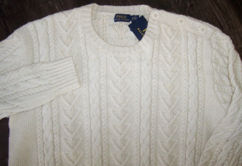 NWT Polo Ralph Lauren CHIC CREAM FISHERMAN Sweater Women's L ANCHOR BUTTONS - Picture 2 of 7