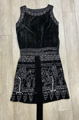 Antique 1920s art deco Flapper dress silver beaded black velvet evening  dress