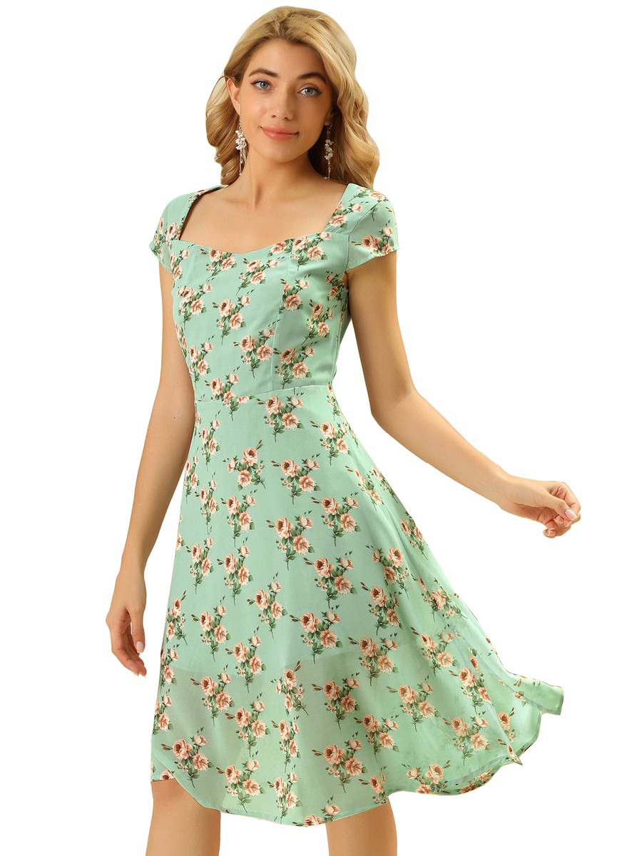 Allegra K Women's Sweetheart Neck Smocked Floral Midi Dress