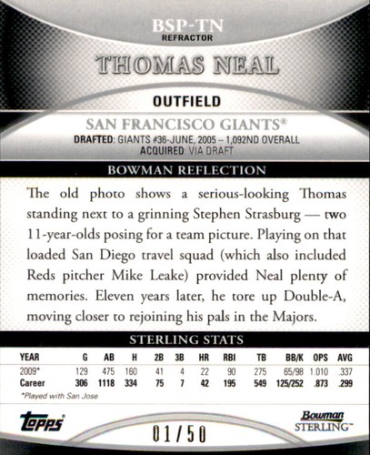 2010 Bowman Sterling Thomas Neal 1/50 Gold Refractor Rookie RC 1/1 Chrome Giants - Picture 2 of 2