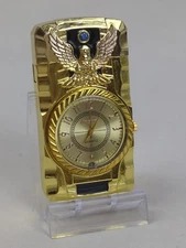 GOLD Windproof Jet Torch BUTANE Cigarette Lighter + Quartz WATCH on Front - NEW!