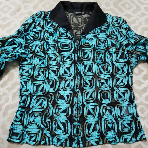 SAMUEL DONG Jacket Turquoise Satin Ribbon Over Sheer Black Lace Stretch Viscose - Picture 4 of 12