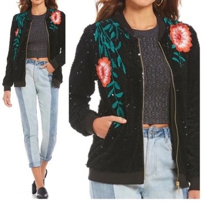 Gianni Bini Sequin Black Bomber Jacket Size Medium Embroidered Flowers Zip Front
