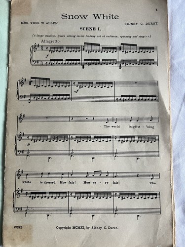 1911 Operetta Gioco per Bambini Biancaneve Musicale Fata Madrina Sidney Durst OH - Foto 2 di 7