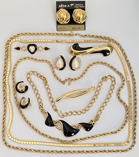 Vintage Monet Goldtone Enamel Necklace Pins Pierced Earrings Chain Necklaces Lot