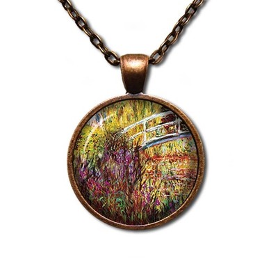 Monet's Japanese Bridge Masterpiece Art - Handmade ROUND Glass Pendant Necklace