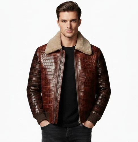 Men,s Real Crocodile Embossed Leather Jacket Shearling Collar Bomber Coat Brown. image 2