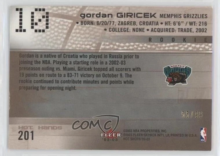 2002-03 Fleer Hot Shots Hands /99 Gordan Giricek Vince Carter #201 Rookie RC HOF - Image 2 of 2