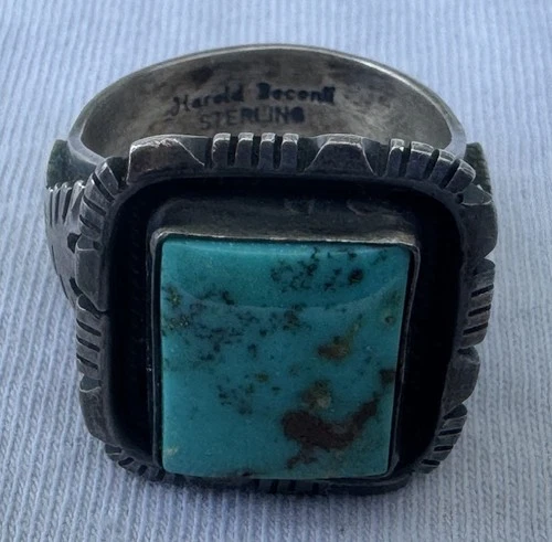 Navajo Ring .925 Silver Kingman Turquoise Signed Harold Becenti Vintage Square