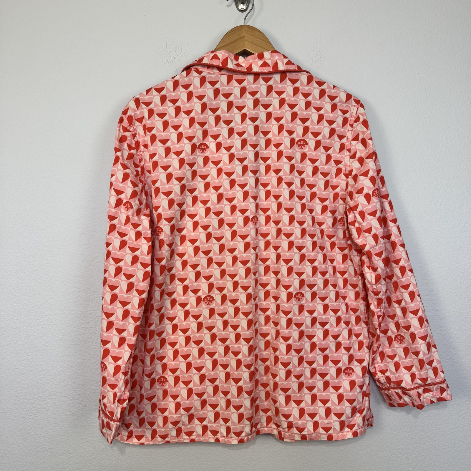 Tory Burch Pajama Top Women's Medium Pink Heart Print Button Front Cotton Logo thumbnail 7
