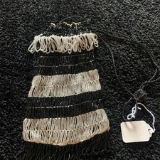 Small Vintage Fringed Beaded Women's Flapper Evening Bag - black / white purse