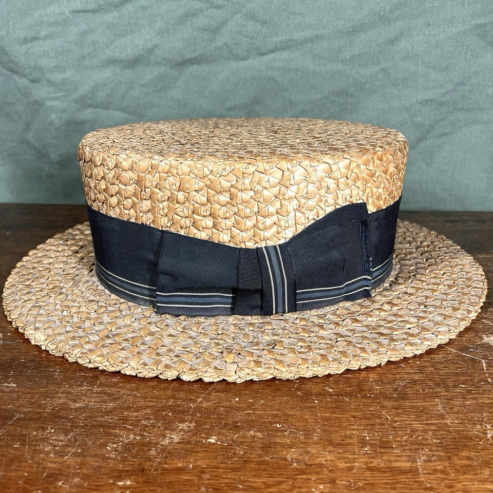 Sombrero Stetson de Colección Años 20 Para Hombres 6 5/8 Ovalado Azul Cinta Paja Boater Sombrero Años 20 Foto 2 de 4
