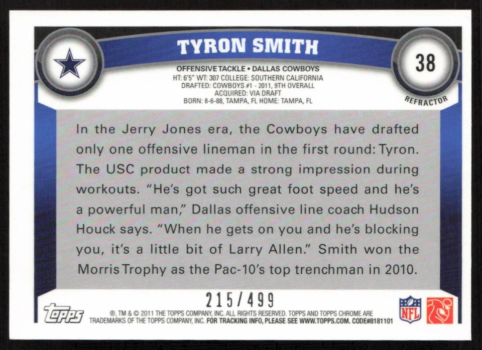 2011 Topps Chrome Purple Refractors #/499 Tyron Smith #38 Rookie Dallas Cowboys - Image 2 of 2