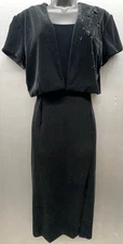Vtg Velvet Dress Sz 6 Black Sleeveless Cropped Jacket Beaded Slit Sexy Elegant
