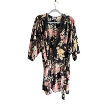 Vintage black floral satin belted robe medium dark romance night wear feminine