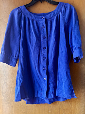 Vintage White Stag Women's Blue Solid Woven Button-Front Scoop Neck Blouse S