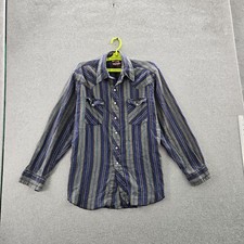 Wrangler Men Button Up Shirt 16-16 1/2 Blue Striped Western Pearl Snap