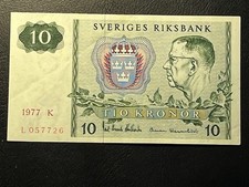 1977 Swedish 10 Kronor Bank Note - Crisp with Light Fold