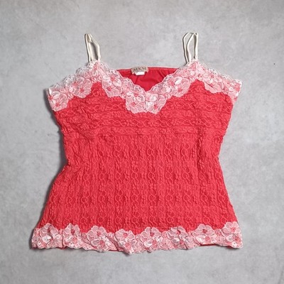 Vintage Y2k Lace Cami Top Damen 3XL Hot Pink Mesh Tank MKM Coquette Fairy 90s