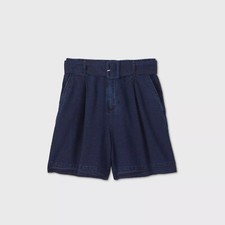 A New Day Women's Dk. Blue Textured High-Rise Belted Cotton Casual Shorts, Sz. M