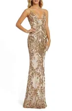 Mac Duggal Nude Gold Beaded Sequin Leaf Mermaid Gown Size 10 $498