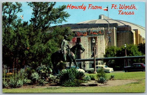 Fort Worth Texas 1950er Postkarte Will Rogers Statue und Memorial Coliseum