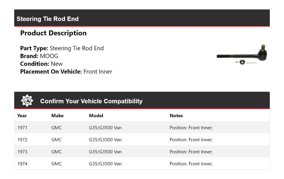 Para GMC G35/G3500 1971-1974 Van Barra de dirección Frontal Interior MOOG 1971 1972 Foto 2 de 4