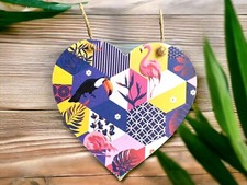 Tukan & Flamingo Motiv Handarbeit Decoupaged Holz hängend Herz Deko 10cm