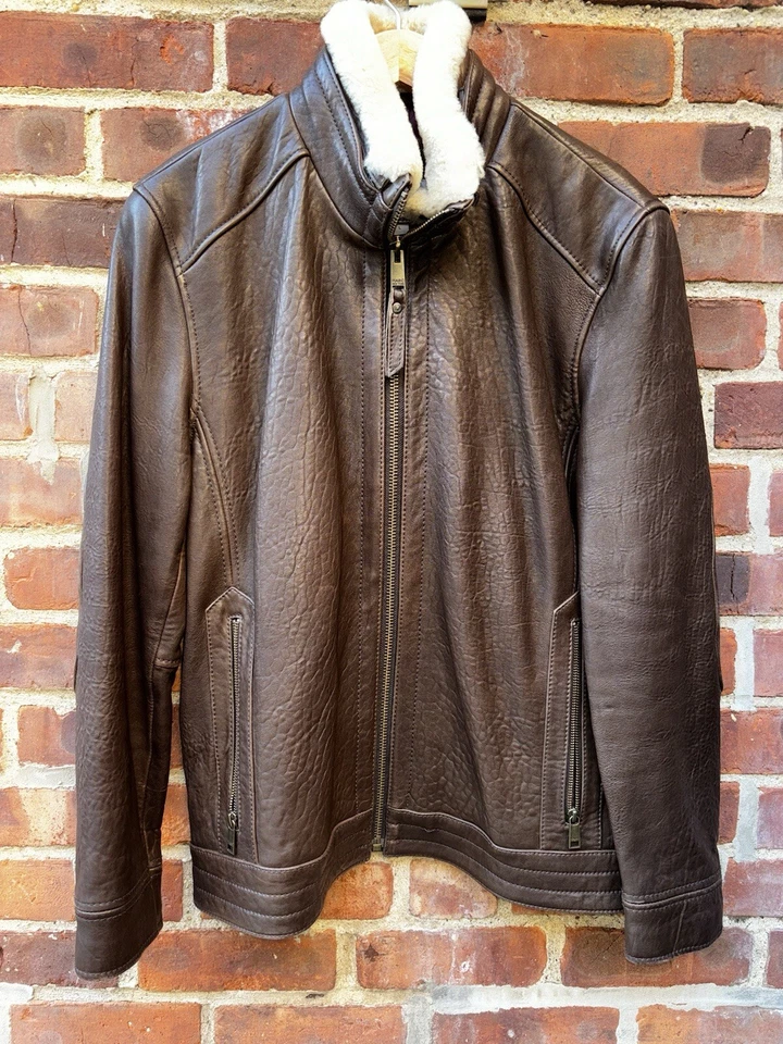 Marc New York Andrew Marc Cuello de piel de oveja desmontable de cuero marrón talla grande Foto 4 de 4