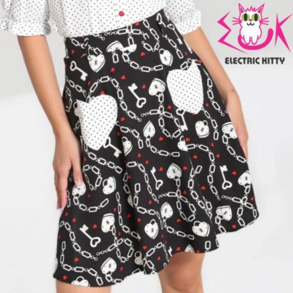 Hell Bunny Heart Lock Chain Mini Skirt Black Flared Polka Dot