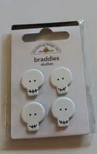 Crafts Doodlebug Brads Braddies Skullies White Skulls Black Teeth Eyes X 4