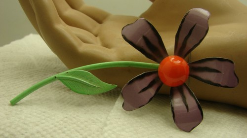 Vintage Hippy Mod Retro 60's Purple & Orange Long Stem Enamel Flower Brooch Pin