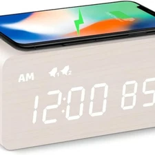 Wooden Digital Alarm Clock Wireless Charging, 0-100% Dimmer, Dual Alarm