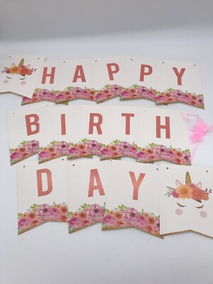 Happy Birthday Banner Unicorn Themed with Pink String Thread for Birthdays- Baby