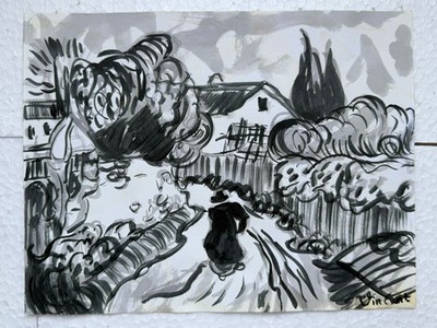 VINCENT VAN GOH drawing and painting on old paper signed stamped vintage