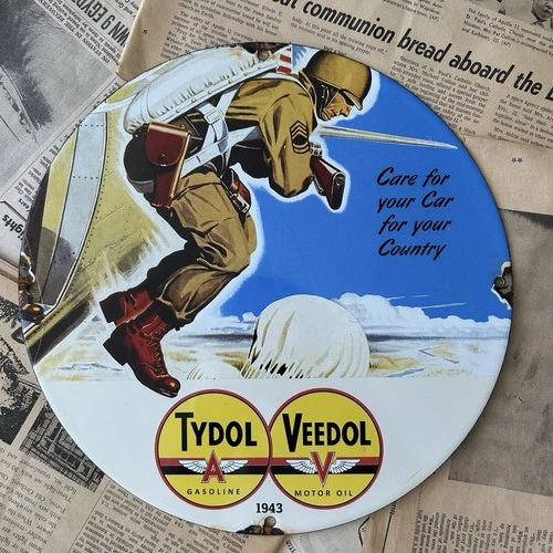 VINTAGE 1943 TYDOL GASOLINE VEEDOL MOTOR OIL 12 INCH PORCELAIN ENAMEL SIGN