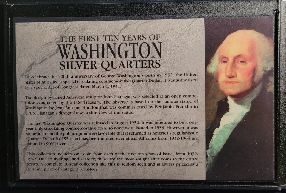 First 10 Years of Washington's Silver Quarters Collector's Set COA SILVER COINS - Image 2 of 4