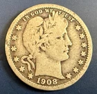 1908 P Barber Quarter 90% Silver Very Good VG See Pics M142