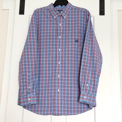 Chaps Mens XL Long Sleeve Button Down Shirt Blue Red White Plaid Check Logo