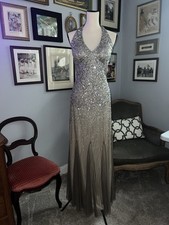 Nightway Sz 8 Taupe Gold Sequins Halter Open Back Evening Dress Prom Formal Long