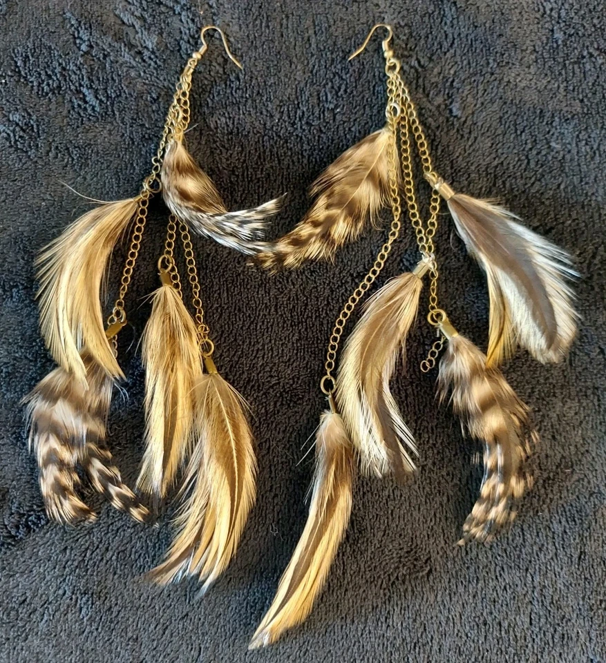 Extra Long 7.5" Feather & Chain Dangle Earrings Tassel Natural Bohemian Festival - Image 3 of 3