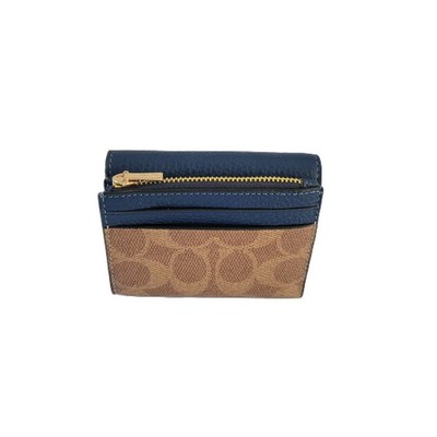 Coach CZ034 Mini Card Holder Signature Wallet 2 In 1 Tan Deep Blue