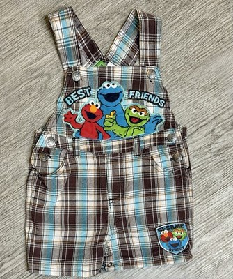 Vintage Best Friend Sesame Street Plaid Overalls Elmo Oscar Cookie Monster 18M
