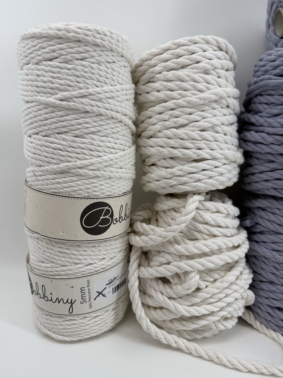 Lot of 10 Bobbiny Macrame Cotton Cords 5mm 9 mm White & Purple Chunky Rope Yarn