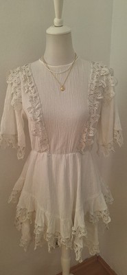 Divided by H&M Damen Tunika-Bluse Spitze Rüschen Kurzarm weiß Gr. S Bindeband