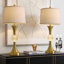 28.5" Gold Table Lamps Set of 2 Tall Luxury Bedside Lamps W/ Night Light USB A C