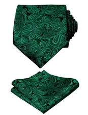  Mens Paisley Necktie with Pocket Square Set #2-174-dark Green
